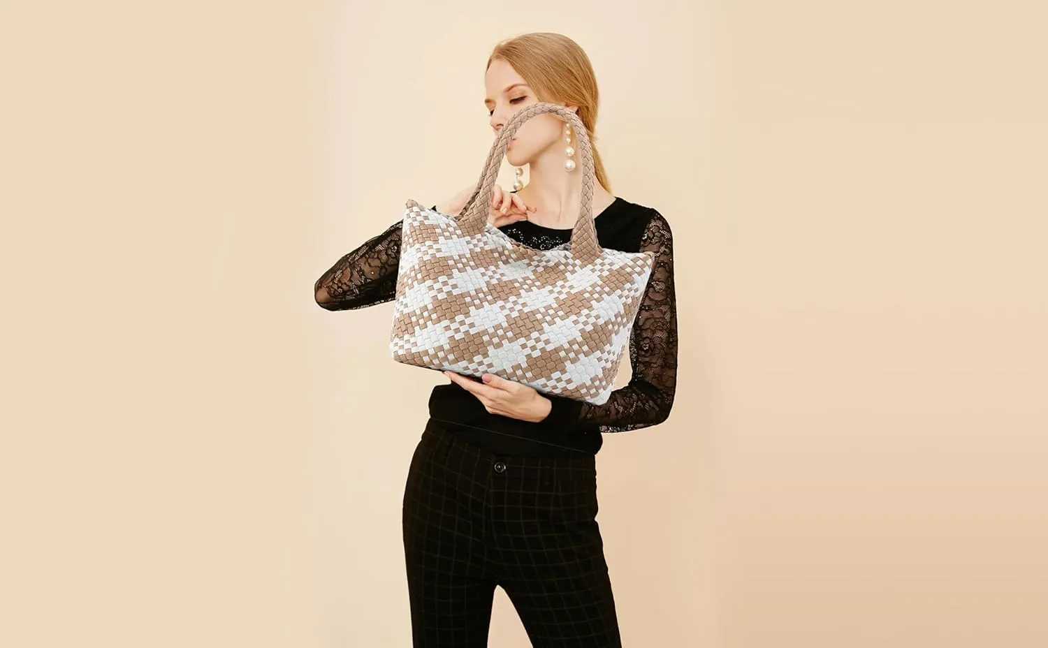 Queenoris Woven Bag for Women, Fashion Top Handle Shoulder Bag Vegan Leather Shopper Bag Large Travel Tote Bag