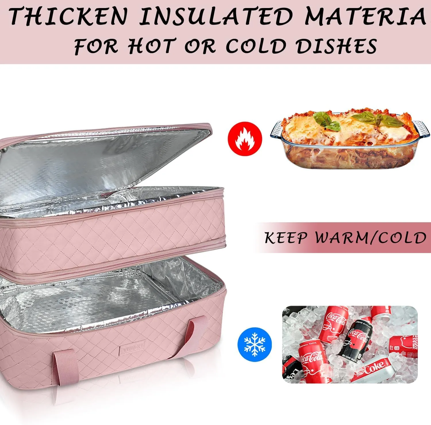 Quilted Double Decker Casserole Carrier - Expandable Dish Carrying Case for Hot or Cold Food, Lasagna Holder for Potluck Parties, Picnic, Beach, Fits 9"×13" Baking Dish (Pink)
