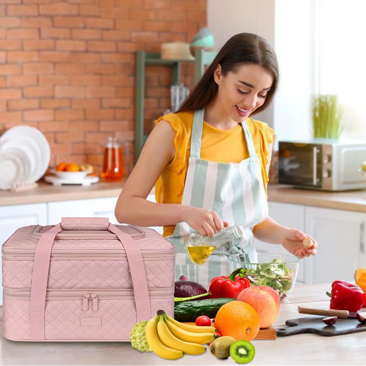 Quilted Double Decker Casserole Carrier - Expandable Dish Carrying Case for Hot or Cold Food, Lasagna Holder for Potluck Parties, Picnic, Beach, Fits 9"×13" Baking Dish (Pink)