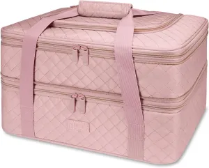 Quilted Double Decker Casserole Carrier - Expandable Dish Carrying Case for Hot or Cold Food, Lasagna Holder for Potluck Parties, Picnic, Beach, Fits 9"×13" Baking Dish (Pink)