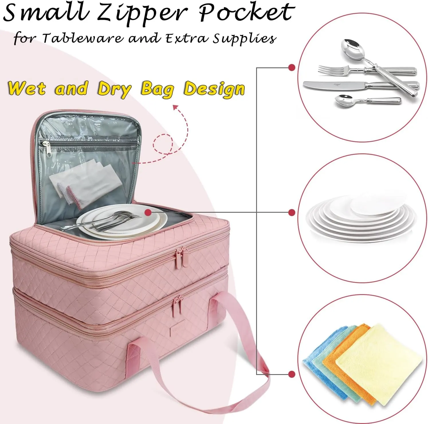 Quilted Double Decker Casserole Carrier - Expandable Dish Carrying Case for Hot or Cold Food, Lasagna Holder for Potluck Parties, Picnic, Beach, Fits 9"×13" Baking Dish (Pink)