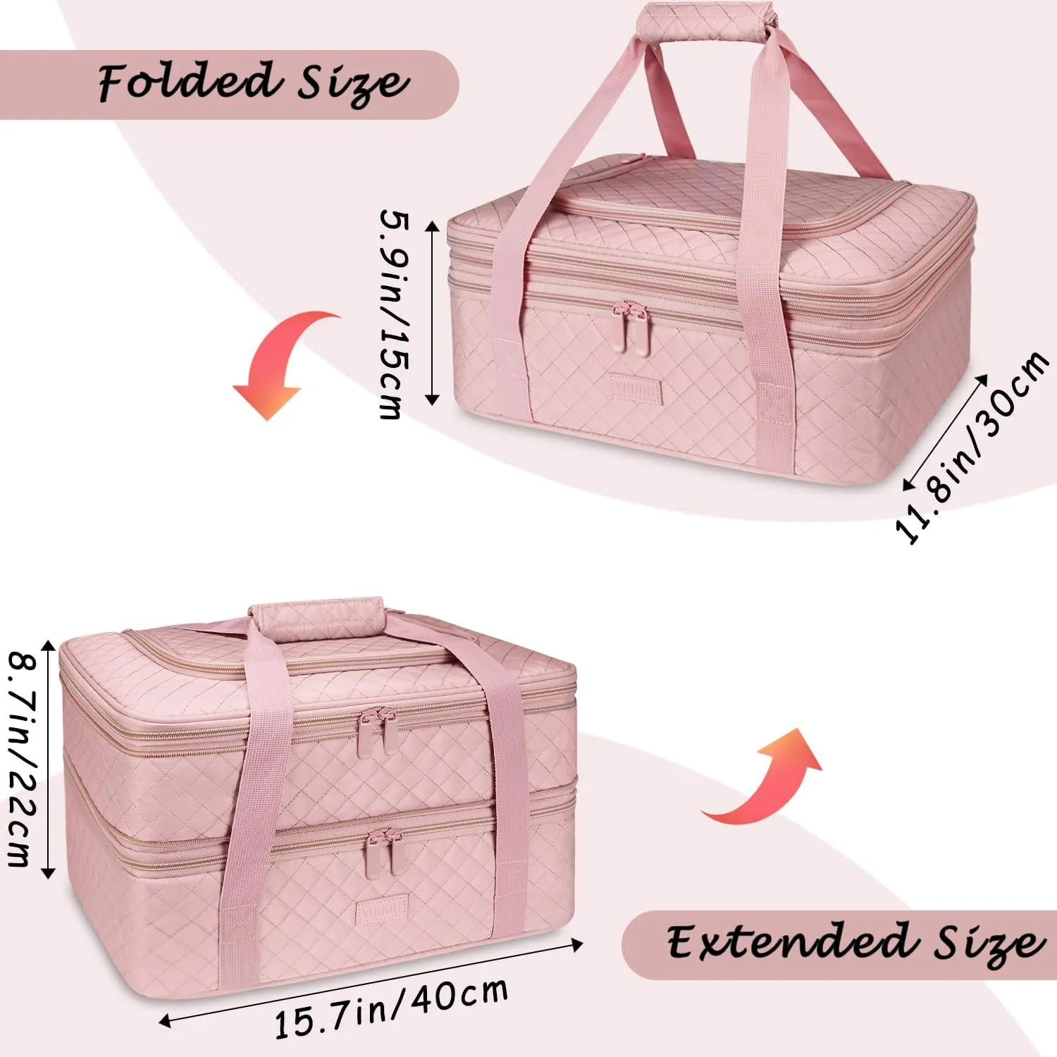 Quilted Double Decker Casserole Carrier - Expandable Dish Carrying Case for Hot or Cold Food, Lasagna Holder for Potluck Parties, Picnic, Beach, Fits 9"×13" Baking Dish (Pink)