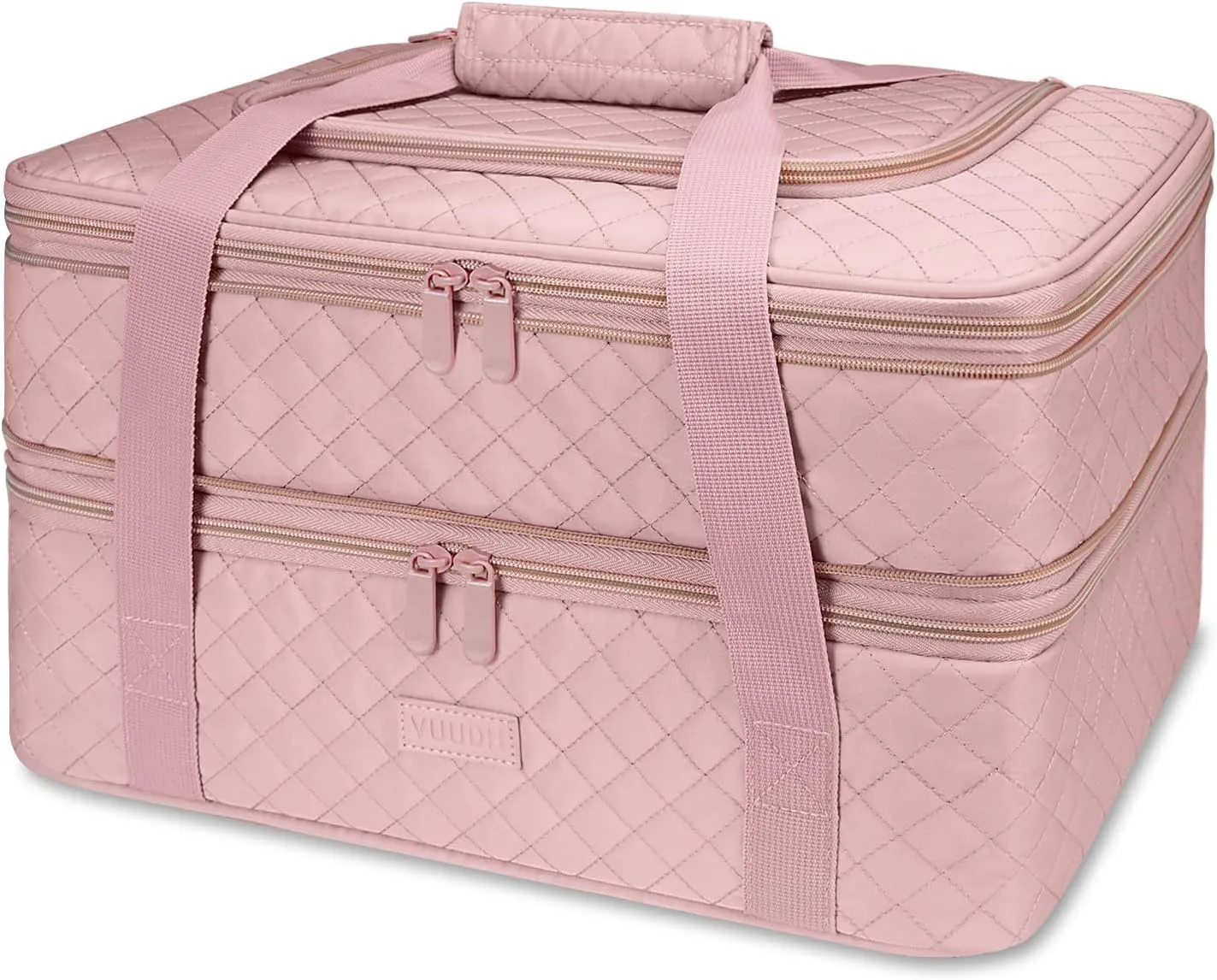 Quilted Double Decker Casserole Carrier - Expandable Dish Carrying Case for Hot or Cold Food, Lasagna Holder for Potluck Parties, Picnic, Beach, Fits 9"×13" Baking Dish (Pink)
