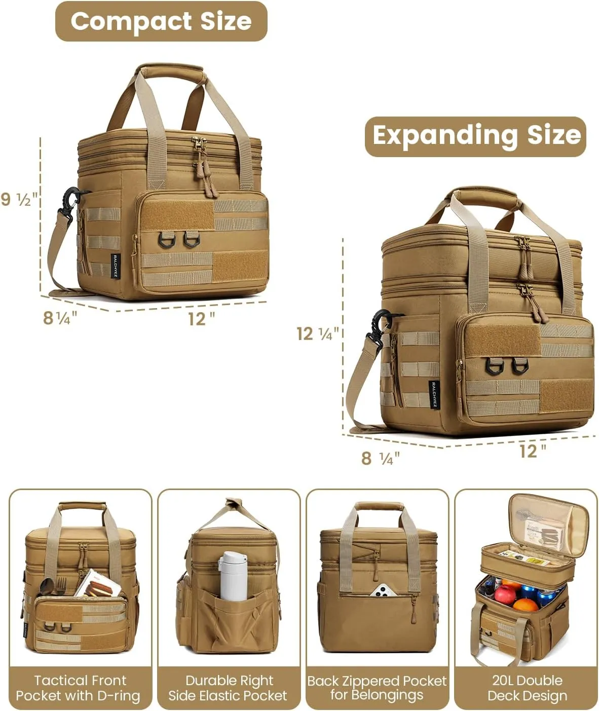 RalChyez Tactical Lunch Bag, 20L Large Heavy Duty Double Deck Insulated Lunch Box Leakproof Expandable Tote Cooler with Shoulder Strap for Adult Men Women Work Fishing Picnic Travel Tan