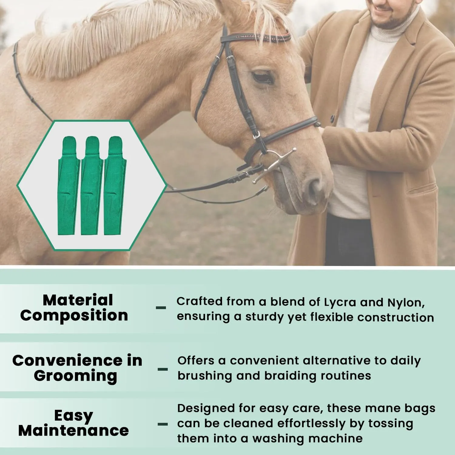 Ranch Hand Horse Mane Bags | 6 Pack | Horse Tack/Supplies | Protect Horse's Mane from Wind, Sun, Mud, Preventing Tangles, Rubbing Out, and Breakage | Handmade Mane Care (GREEN)
