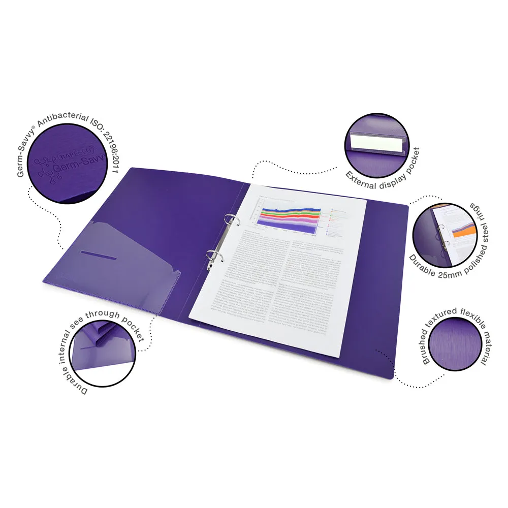 Rapesco Germ-Savvy Antibacterial A4 PP Ring Binder 225 Purple