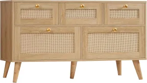 Rattan Dresser for Bedroom, 5 Drawer, Boho Dresser for Closet, Chest of Drawers with Solid Wood Legs, Dressers TV Stand, for Entryway, Hallway, Natural