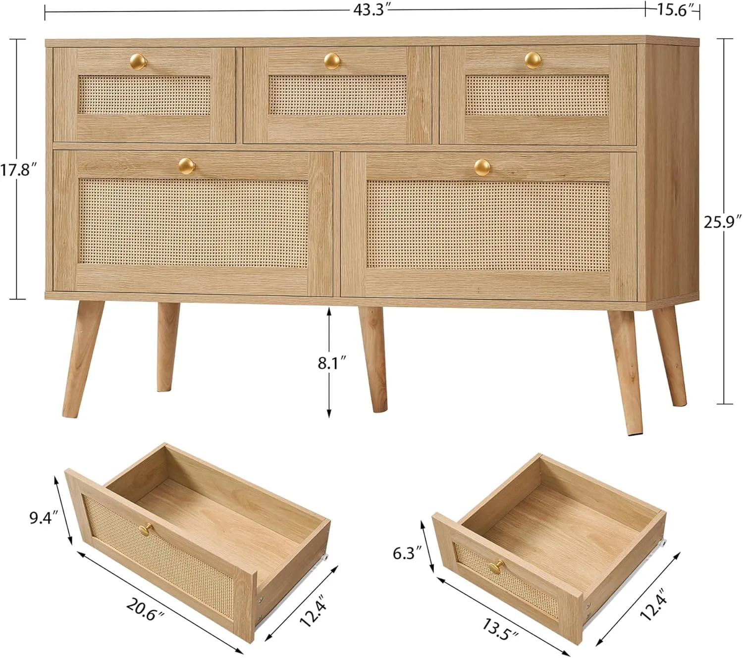 Rattan Dresser for Bedroom, 5 Drawer, Boho Dresser for Closet, Chest of Drawers with Solid Wood Legs, Dressers TV Stand, for Entryway, Hallway, Natural