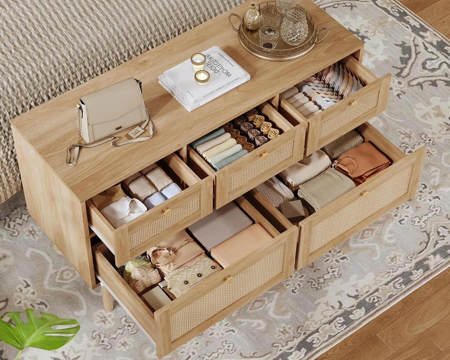 Rattan Dresser for Bedroom, 5 Drawer, Boho Dresser for Closet, Chest of Drawers with Solid Wood Legs, Dressers TV Stand, for Entryway, Hallway, Natural
