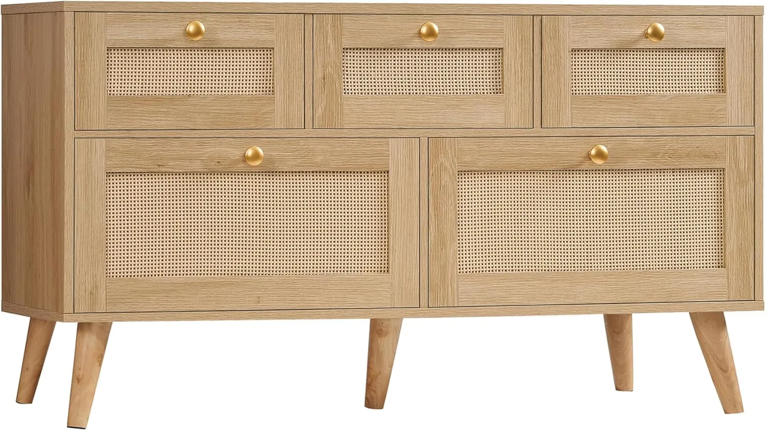 Rattan Dresser for Bedroom, 5 Drawer, Boho Dresser for Closet, Chest of Drawers with Solid Wood Legs, Dressers TV Stand, for Entryway, Hallway, Natural