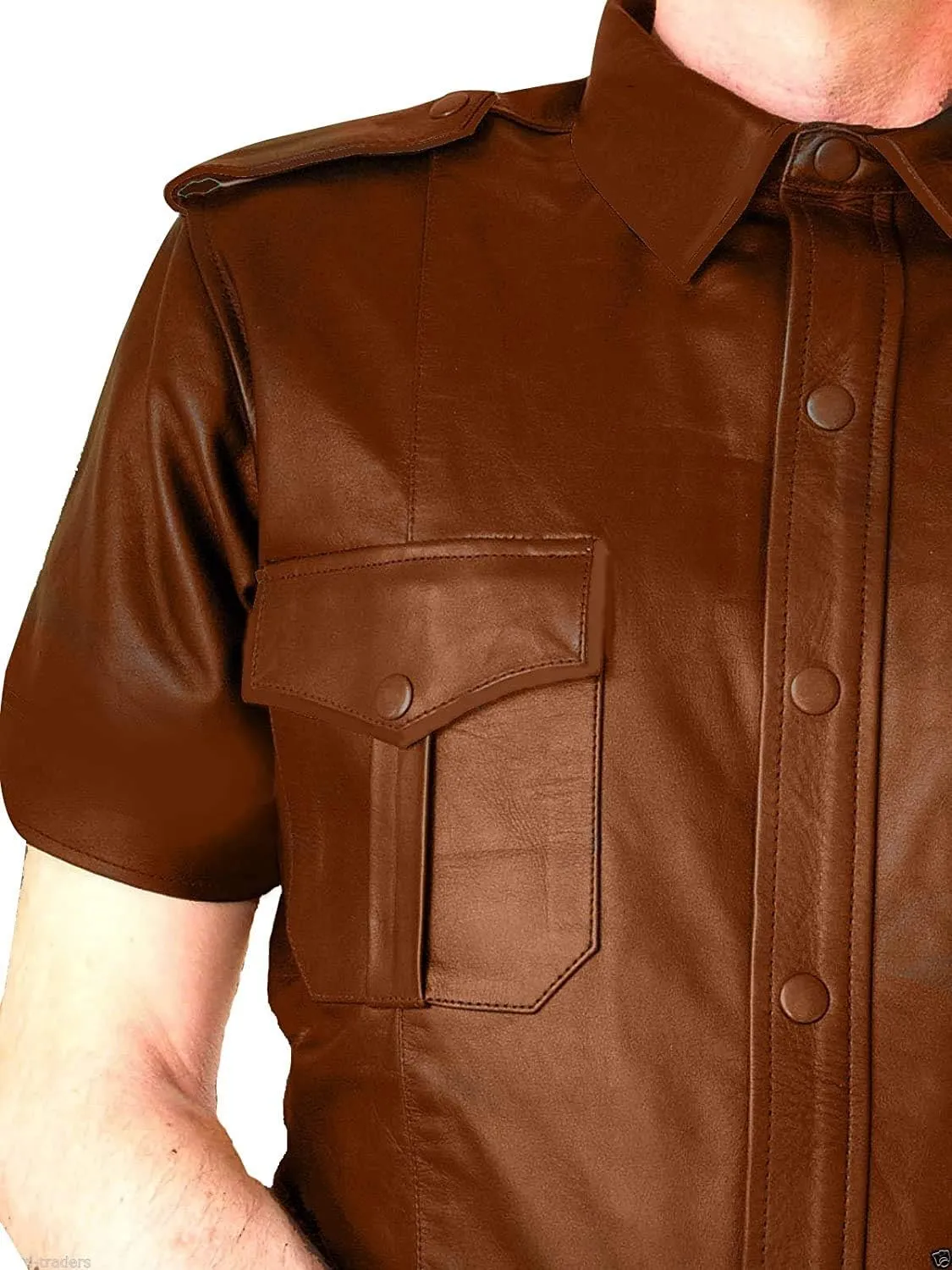 Real Leather Mens Cow Sheep Leather Police Real Uniform Shirt BLUF Gay Mans Shirt Hot Lamb Leather