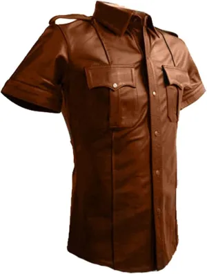 Real Leather Mens Cow Sheep Leather Police Real Uniform Shirt BLUF Gay Mans Shirt Hot Lamb Leather