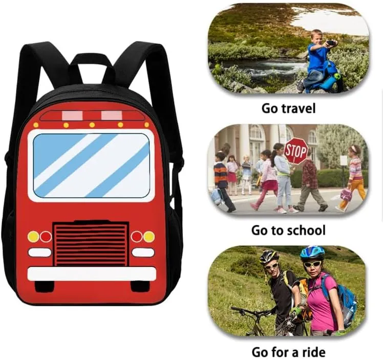Red Fire Truck Print 3 in 1 Teens School Bag Cartoon Car Casual Backpack with Lunch Bag and Pencil Bag Cute Vehicle Pattern Elementary Preschool School Book Bag
