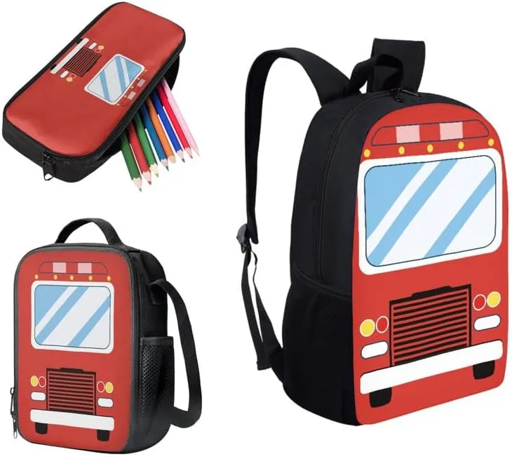 Red Fire Truck Print 3 in 1 Teens School Bag Cartoon Car Casual Backpack with Lunch Bag and Pencil Bag Cute Vehicle Pattern Elementary Preschool School Book Bag