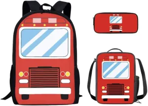Red Fire Truck Print 3 in 1 Teens School Bag Cartoon Car Casual Backpack with Lunch Bag and Pencil Bag Cute Vehicle Pattern Elementary Preschool School Book Bag