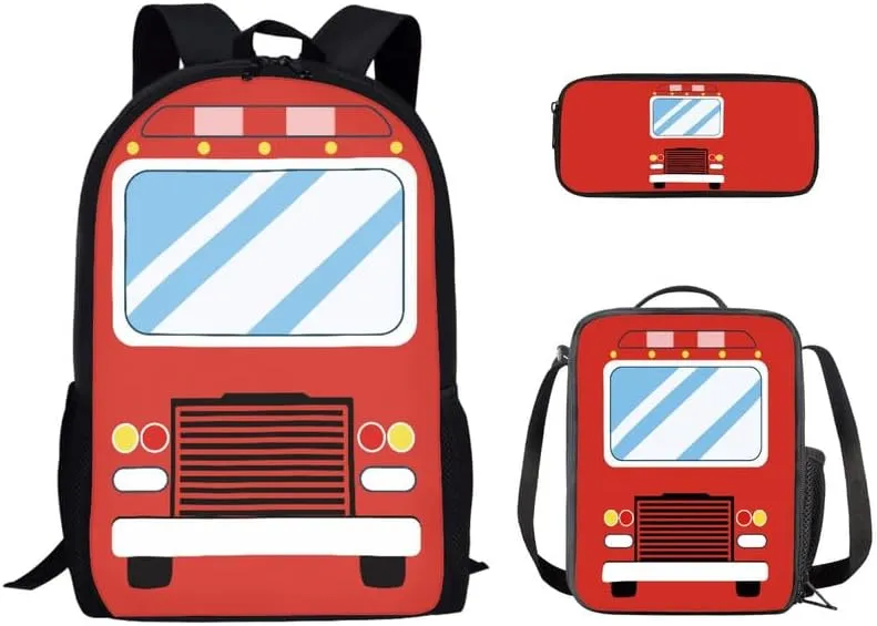 Red Fire Truck Print 3 in 1 Teens School Bag Cartoon Car Casual Backpack with Lunch Bag and Pencil Bag Cute Vehicle Pattern Elementary Preschool School Book Bag