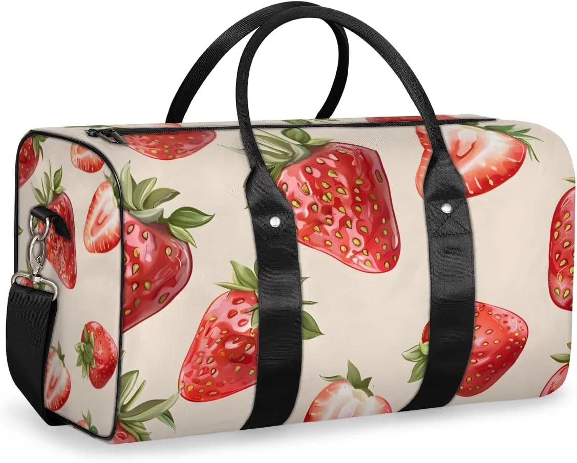 Red Fruits Strawberry Travel Duffle Bag for Women Men Gym Duffel Foldable Bag Waterproof Weekender Cute Bright Duffle Tote
