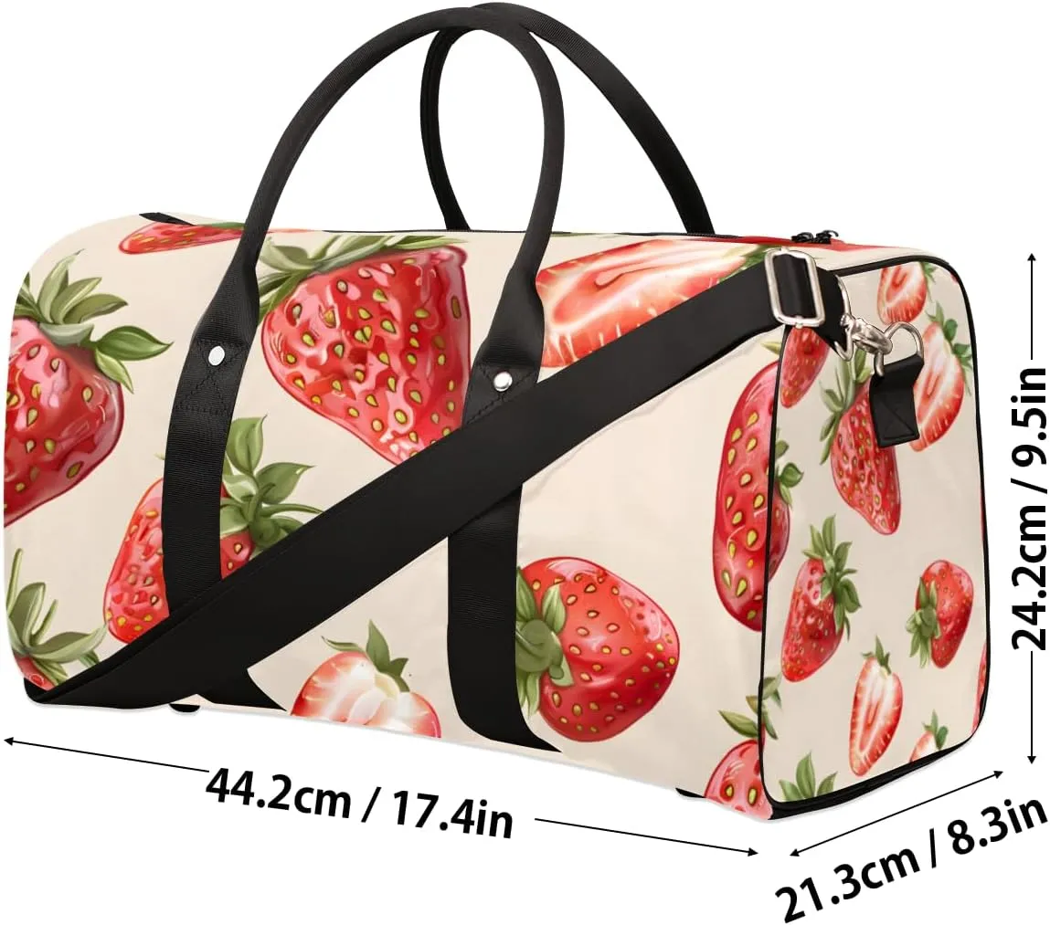 Red Fruits Strawberry Travel Duffle Bag for Women Men Gym Duffel Foldable Bag Waterproof Weekender Cute Bright Duffle Tote
