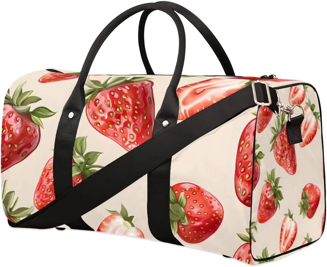 Red Fruits Strawberry Travel Duffle Bag for Women Men Gym Duffel Foldable Bag Waterproof Weekender Cute Bright Duffle Tote