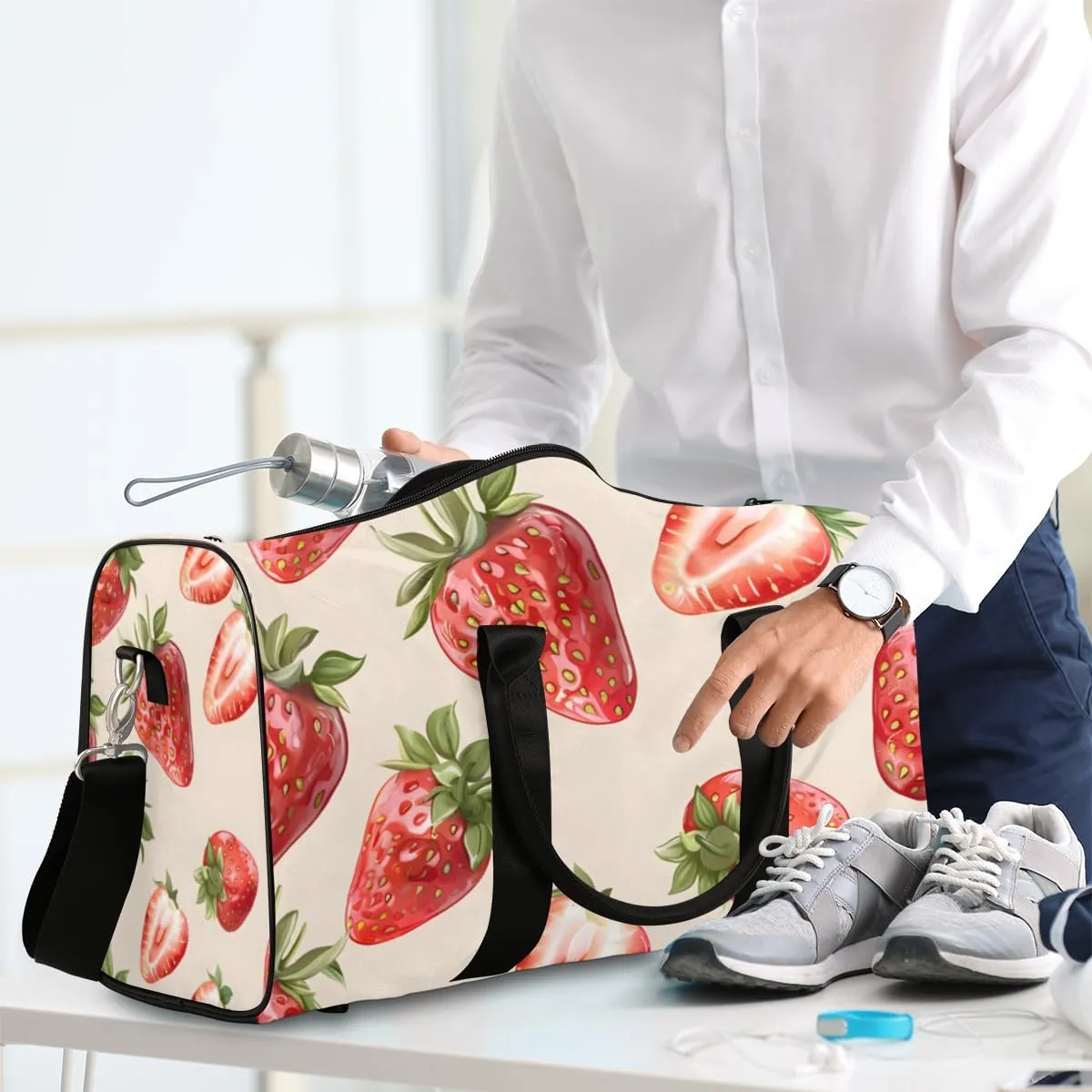 Red Fruits Strawberry Travel Duffle Bag for Women Men Gym Duffel Foldable Bag Waterproof Weekender Cute Bright Duffle Tote