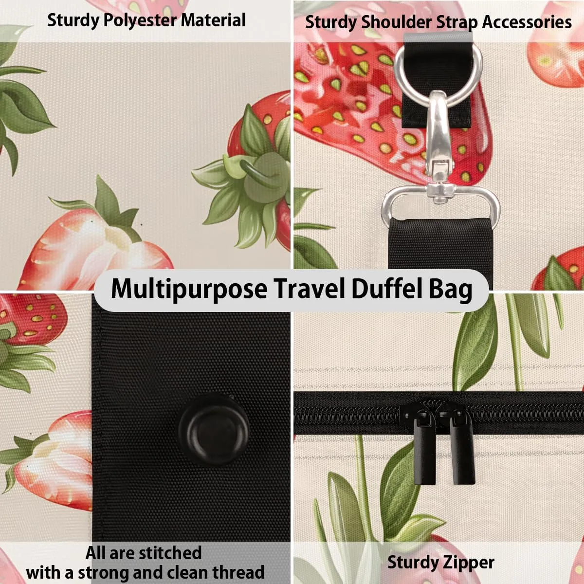 Red Fruits Strawberry Travel Duffle Bag for Women Men Gym Duffel Foldable Bag Waterproof Weekender Cute Bright Duffle Tote