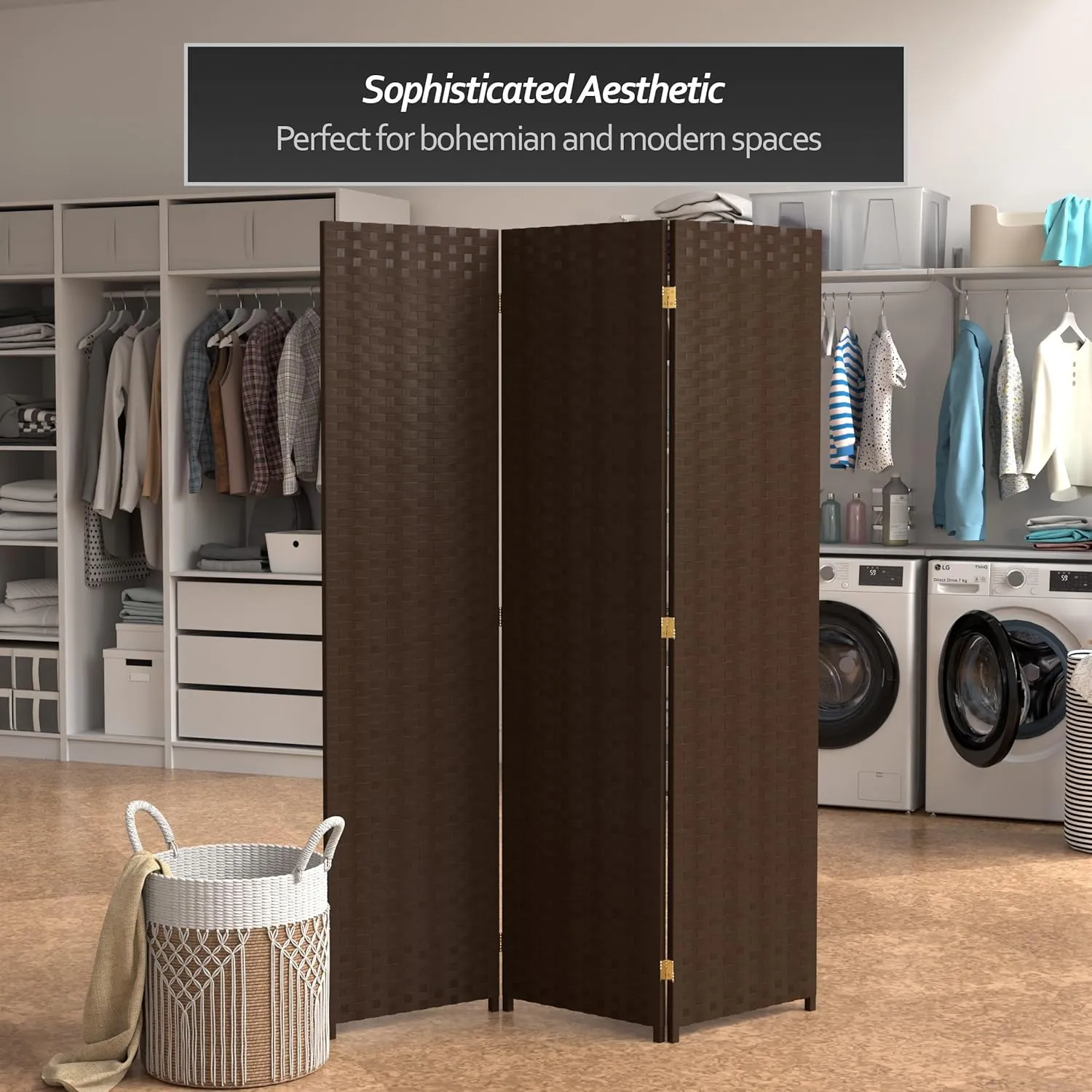 Red Lantern 6 ft. Tall Woven Fiber 3 Panel-Dark Mocha Room Divider