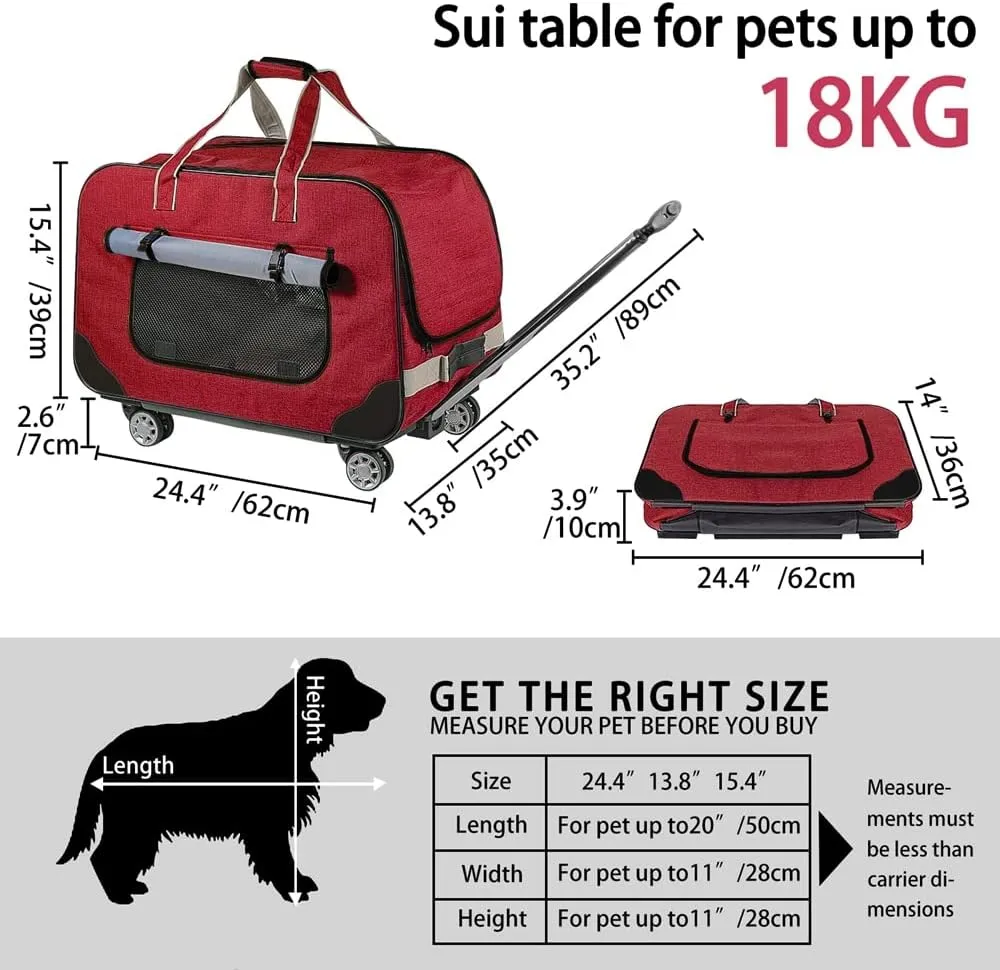 Removable Wheeled Pet Carrier, Rolling Pet Carrier,Wheel Around Luggage Bag for Dogs Cats Travelling