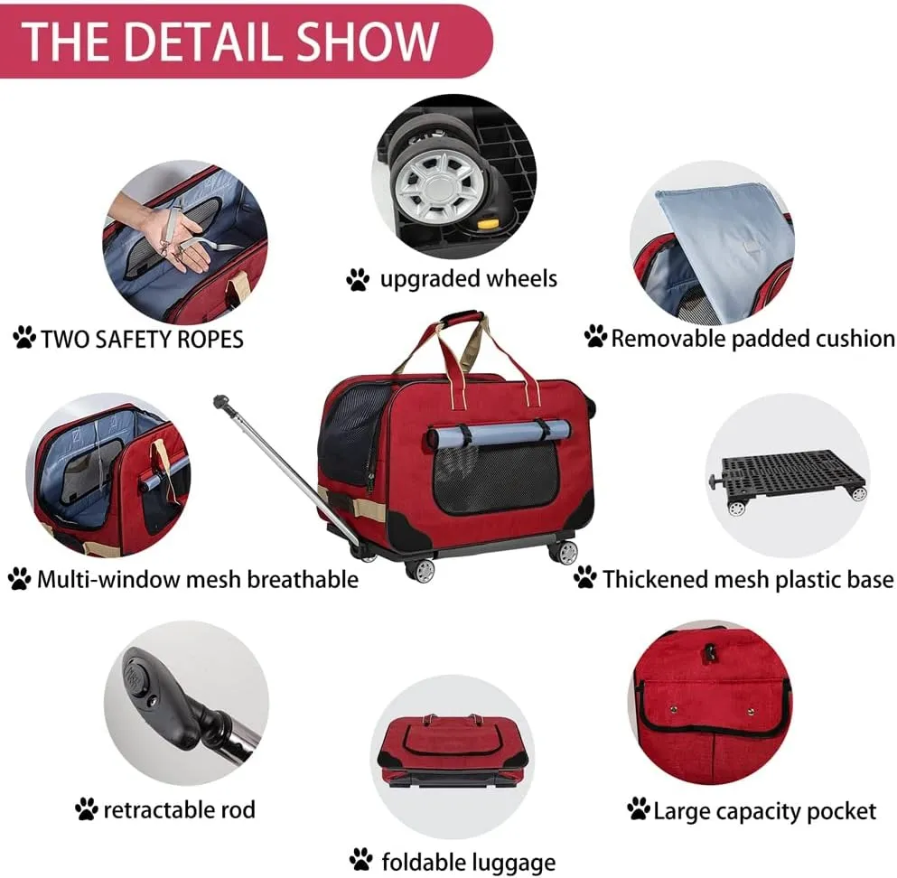 Removable Wheeled Pet Carrier, Rolling Pet Carrier,Wheel Around Luggage Bag for Dogs Cats Travelling