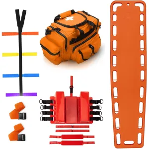Rescue Kit Comprehensive Emergency Support with Spine Board, Head Immobilizer, Trauma Bag & 10-Point Strap - Durable, Lightweight for First Responders, Orange