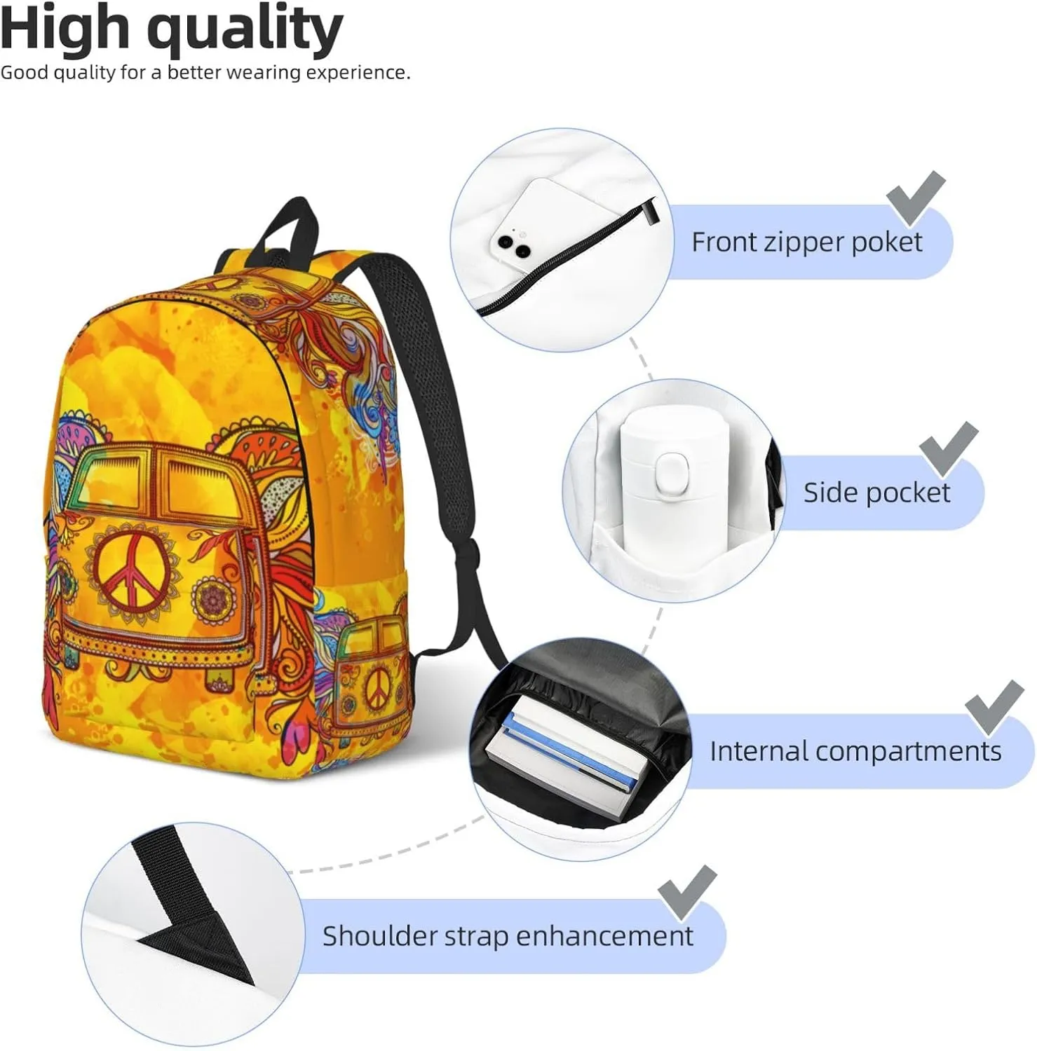 Retro Hippie Peace Car Backpack for Girls Boys Women Lightweight Canvas Bookbag Casual Daypack for Travel Outdoor Camping, 15 Inch