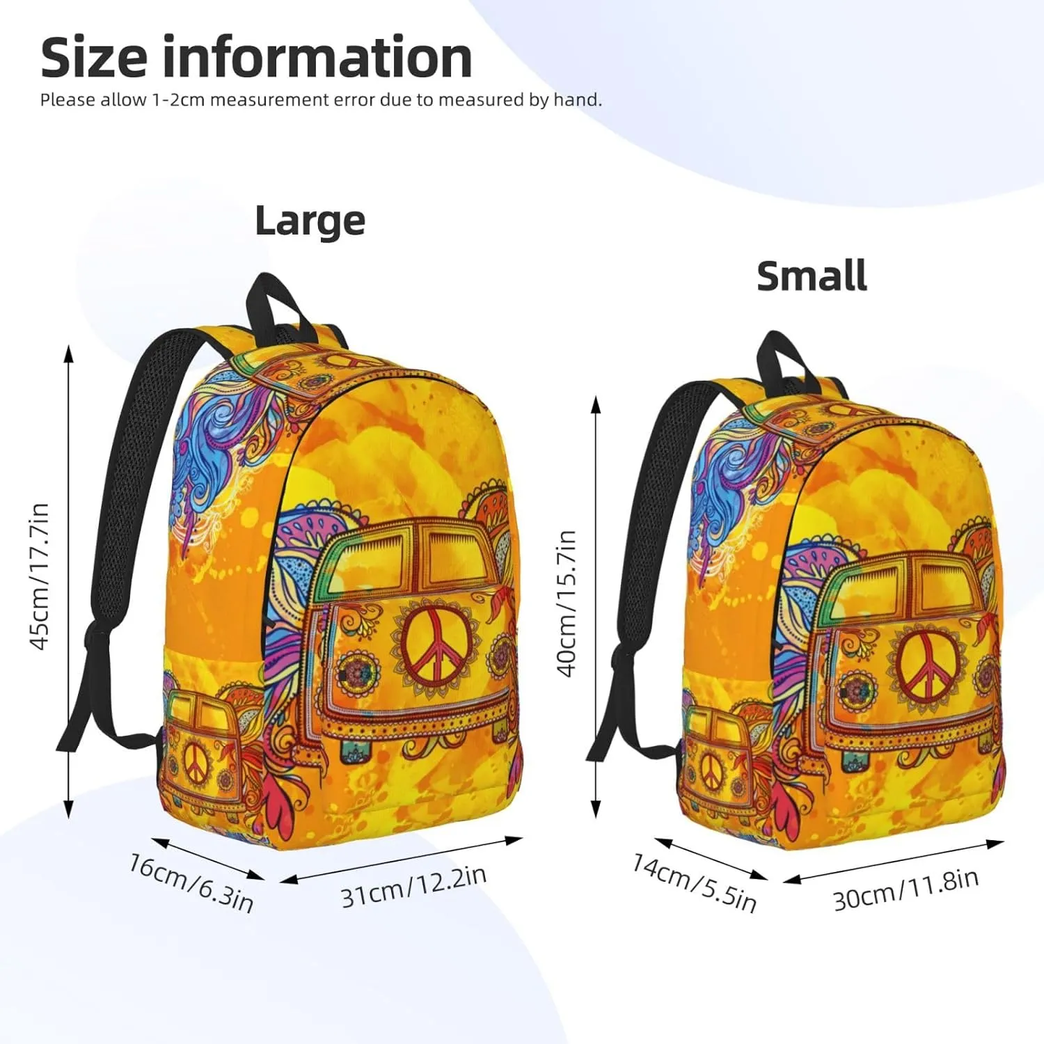 Retro Hippie Peace Car Backpack for Girls Boys Women Lightweight Canvas Bookbag Casual Daypack for Travel Outdoor Camping, 15 Inch