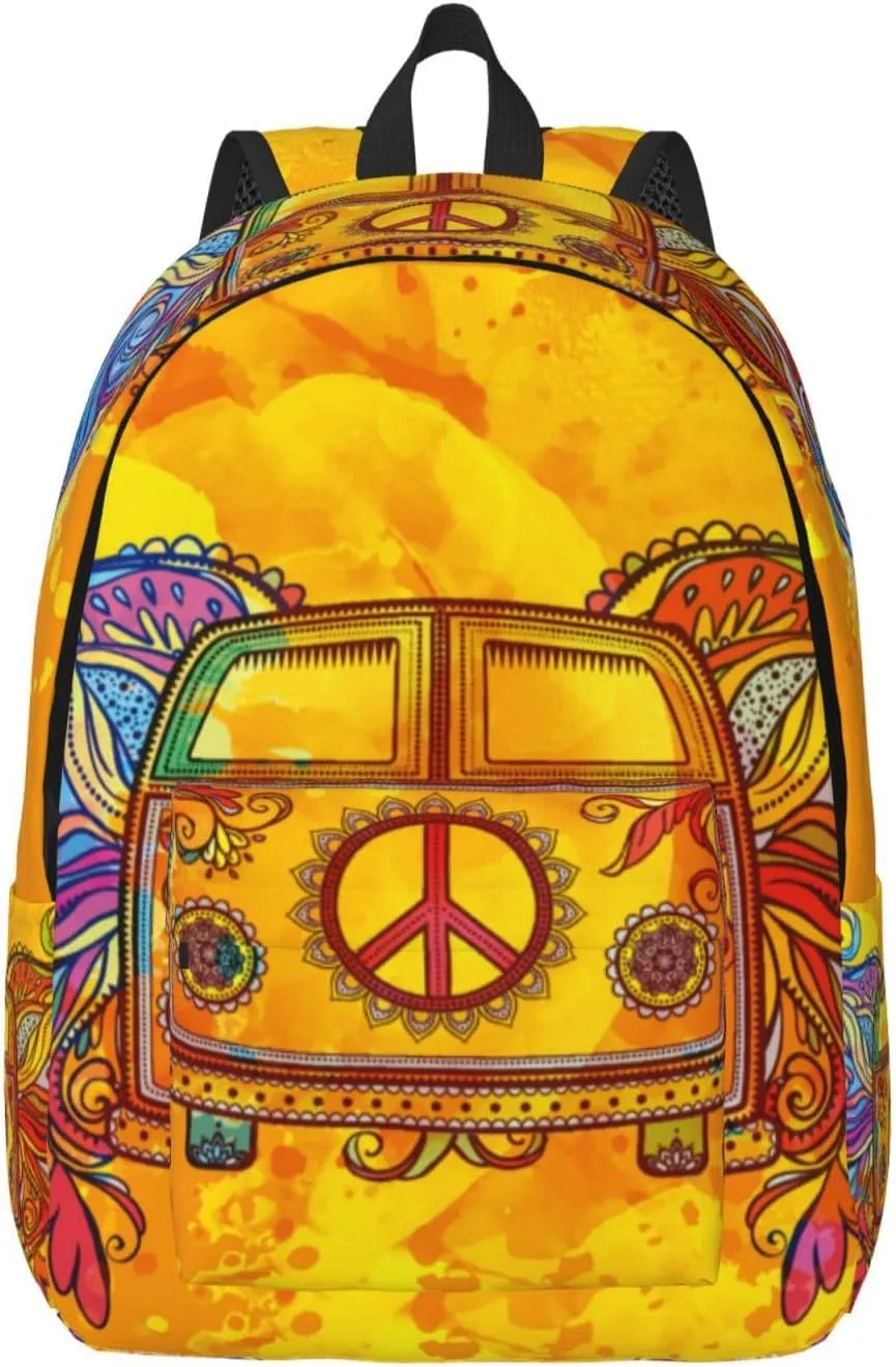 Retro Hippie Peace Car Backpack for Girls Boys Women Lightweight Canvas Bookbag Casual Daypack for Travel Outdoor Camping, 15 Inch