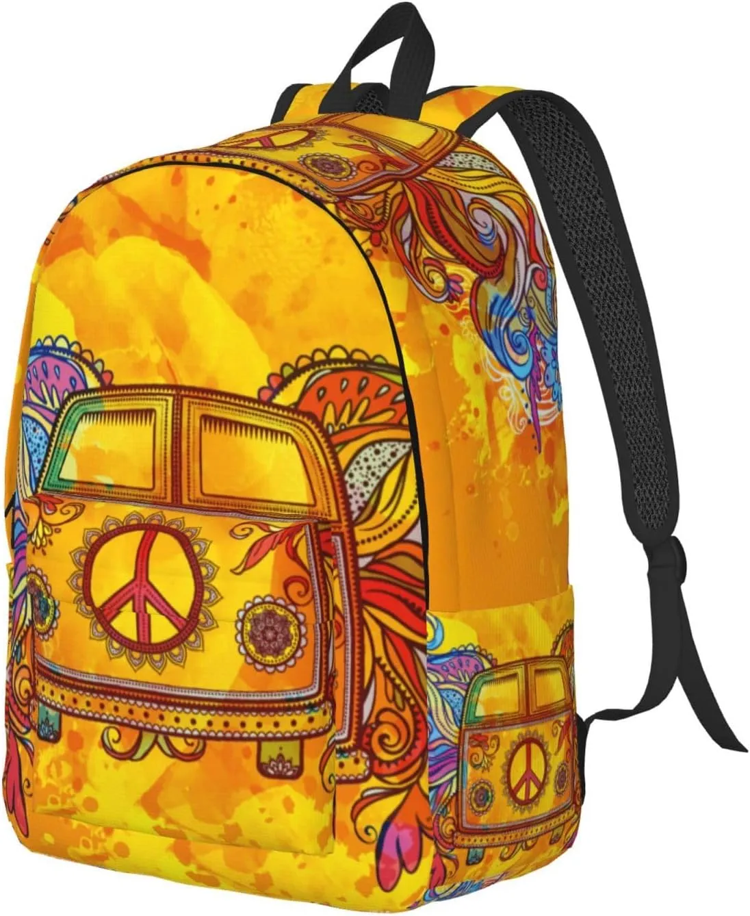 Retro Hippie Peace Car Backpack for Girls Boys Women Lightweight Canvas Bookbag Casual Daypack for Travel Outdoor Camping, 15 Inch