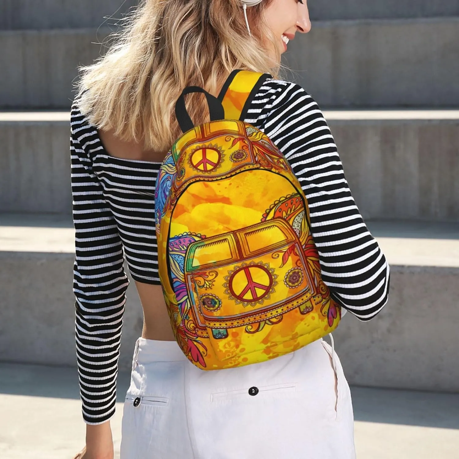 Retro Hippie Peace Car Backpack for Girls Boys Women Lightweight Canvas Bookbag Casual Daypack for Travel Outdoor Camping, 15 Inch