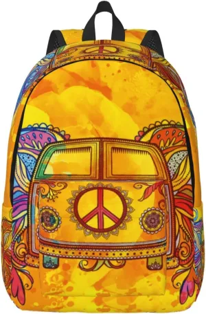 Retro Hippie Peace Car Backpack for Girls Boys Women Lightweight Canvas Bookbag Casual Daypack for Travel Outdoor Camping, 15 Inch