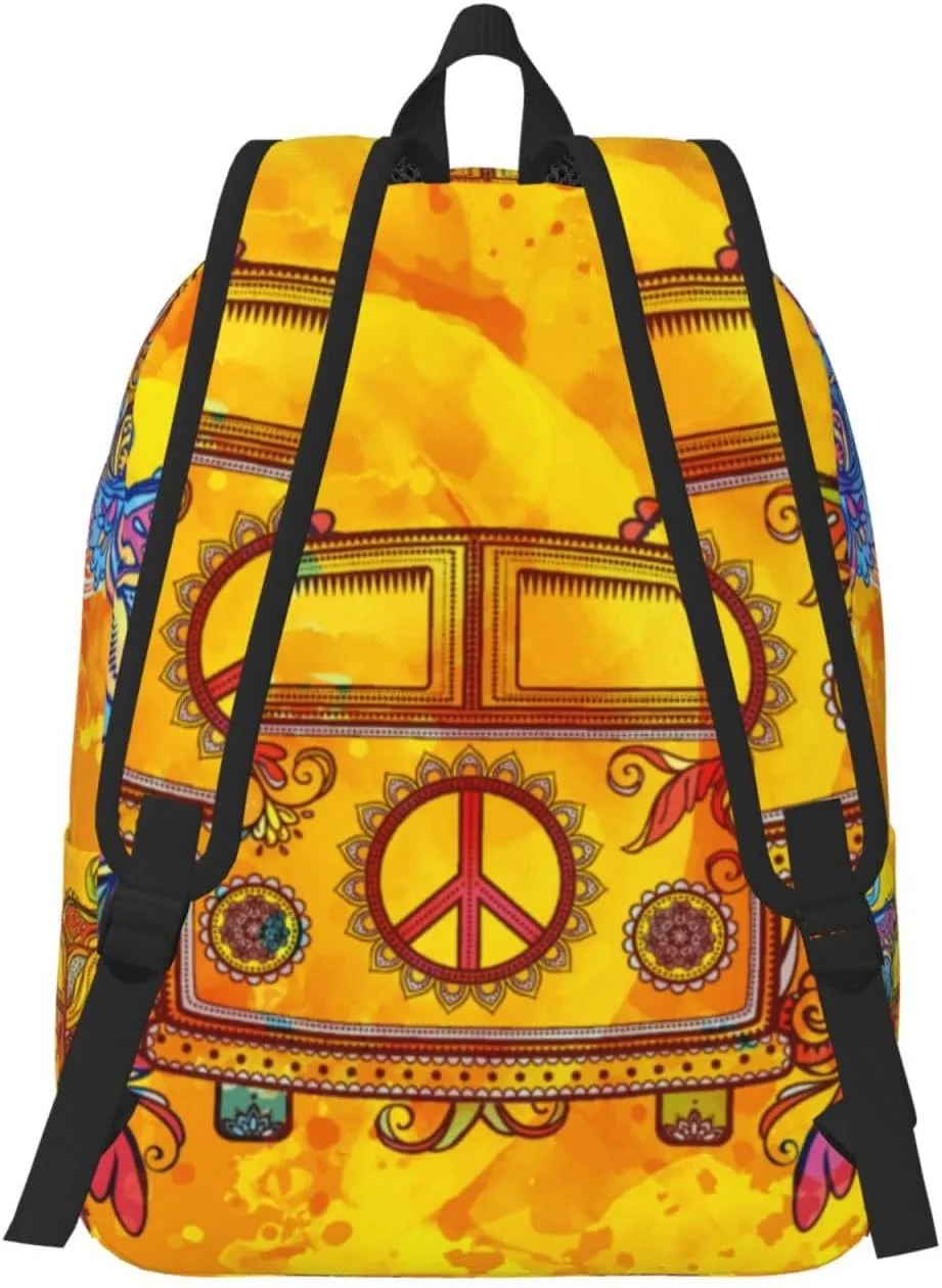Retro Hippie Peace Car Backpack for Girls Boys Women Lightweight Canvas Bookbag Casual Daypack for Travel Outdoor Camping, 15 Inch