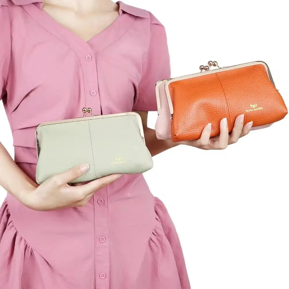 RFID Kiss Lock Wallet, Solid Color Multi-card Slots Card Holder, Genuine Leather Clutch Purses for Women 1468 (Almond Green)