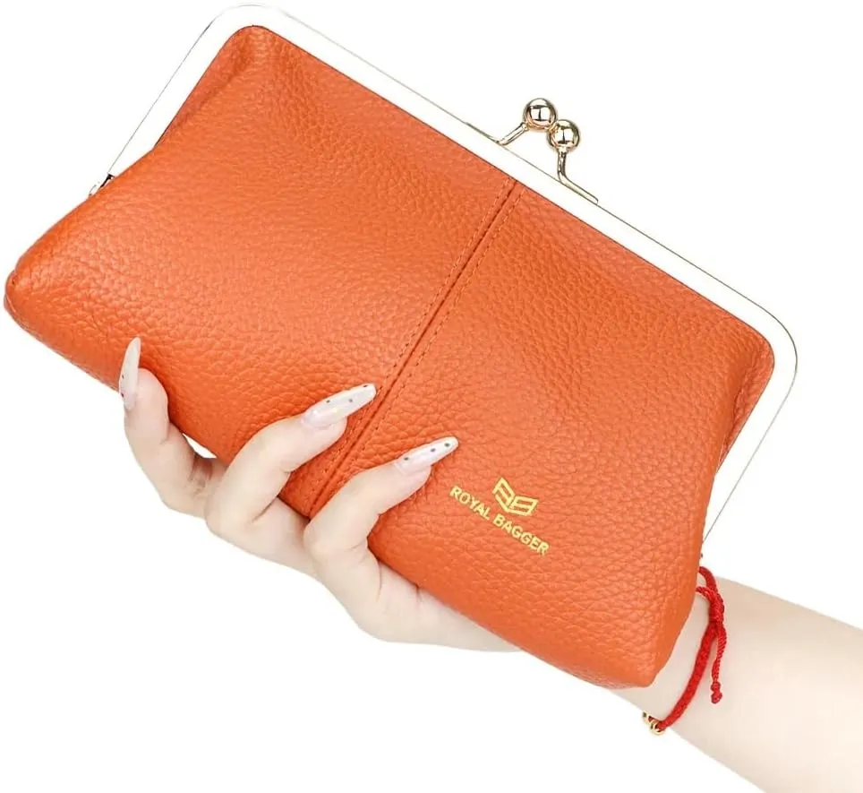 RFID Kiss Lock Wallet, Solid Color Multi-card Slots Card Holder, Genuine Leather Clutch Purses for Women 1468 (Almond Green)