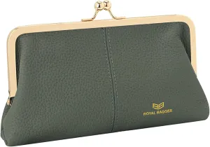 RFID Kiss Lock Wallet, Solid Color Multi-card Slots Card Holder, Genuine Leather Clutch Purses for Women 1468 (Almond Green)