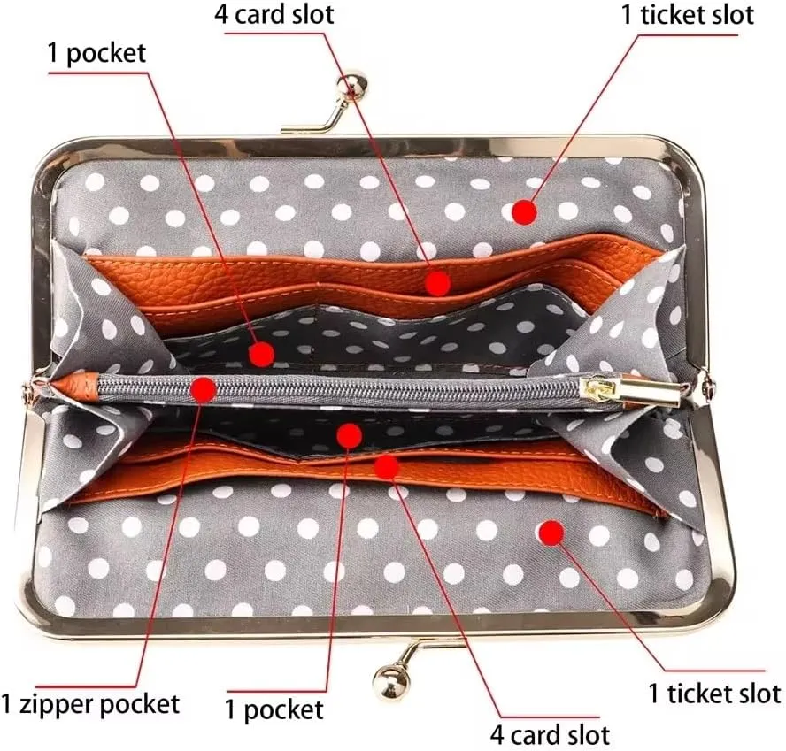 RFID Kiss Lock Wallet, Solid Color Multi-card Slots Card Holder, Genuine Leather Clutch Purses for Women 1468 (Almond Green)