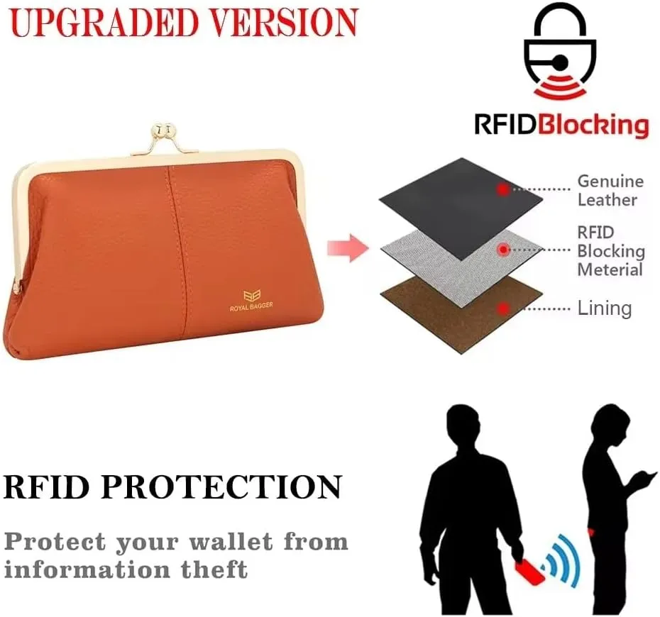 RFID Kiss Lock Wallet, Solid Color Multi-card Slots Card Holder, Genuine Leather Clutch Purses for Women 1468 (Almond Green)
