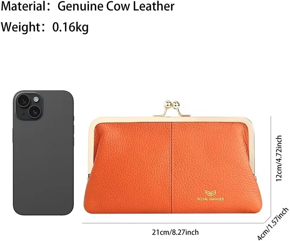 RFID Kiss Lock Wallet, Solid Color Multi-card Slots Card Holder, Genuine Leather Clutch Purses for Women 1468 (Almond Green)