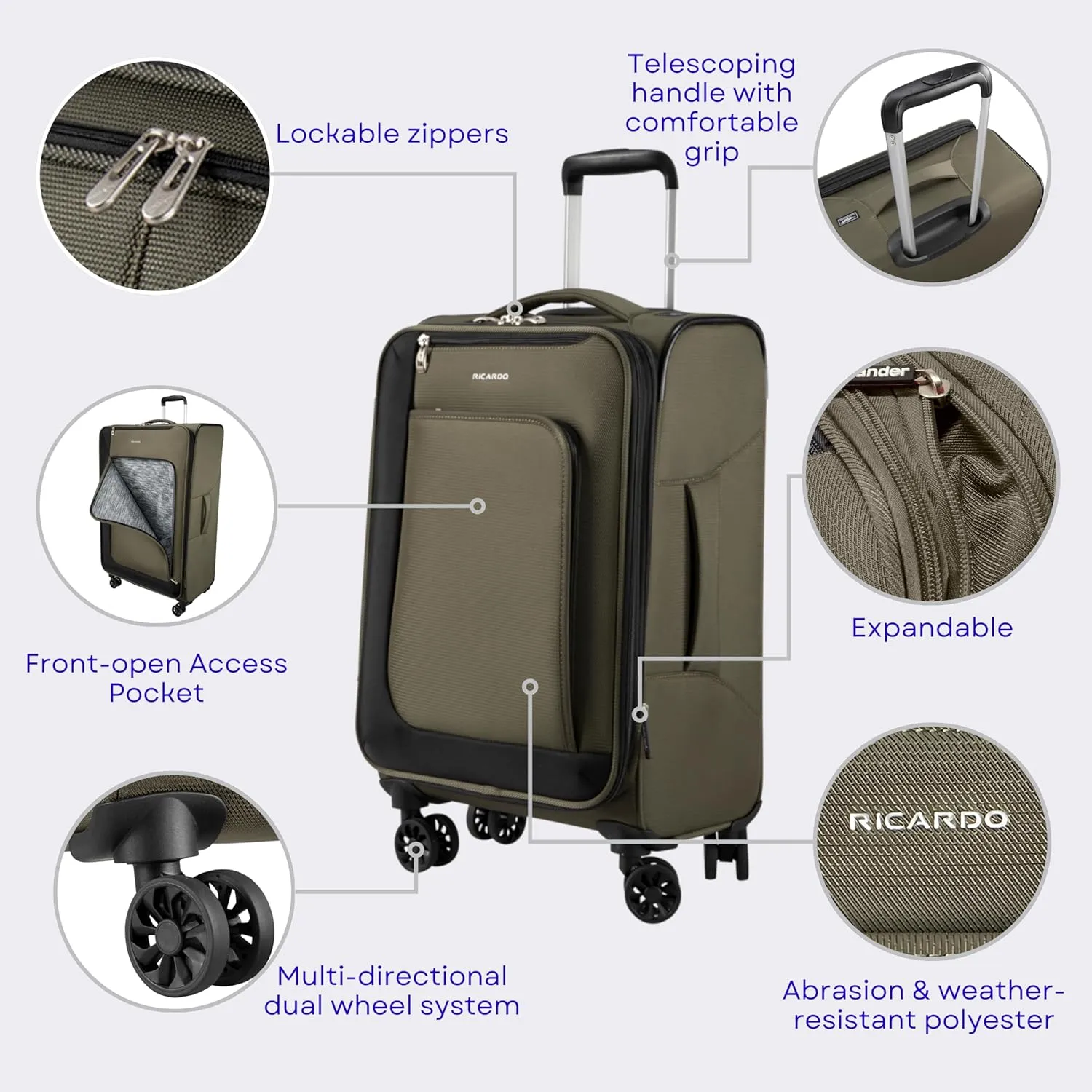Ricardo Beverly Hills Aspen Springs 2-PC Luggage Set – Lightweight Softside Suitcase Set of 2 with 20” Carry-On & 24” Medium Check-In Spinner, Olive