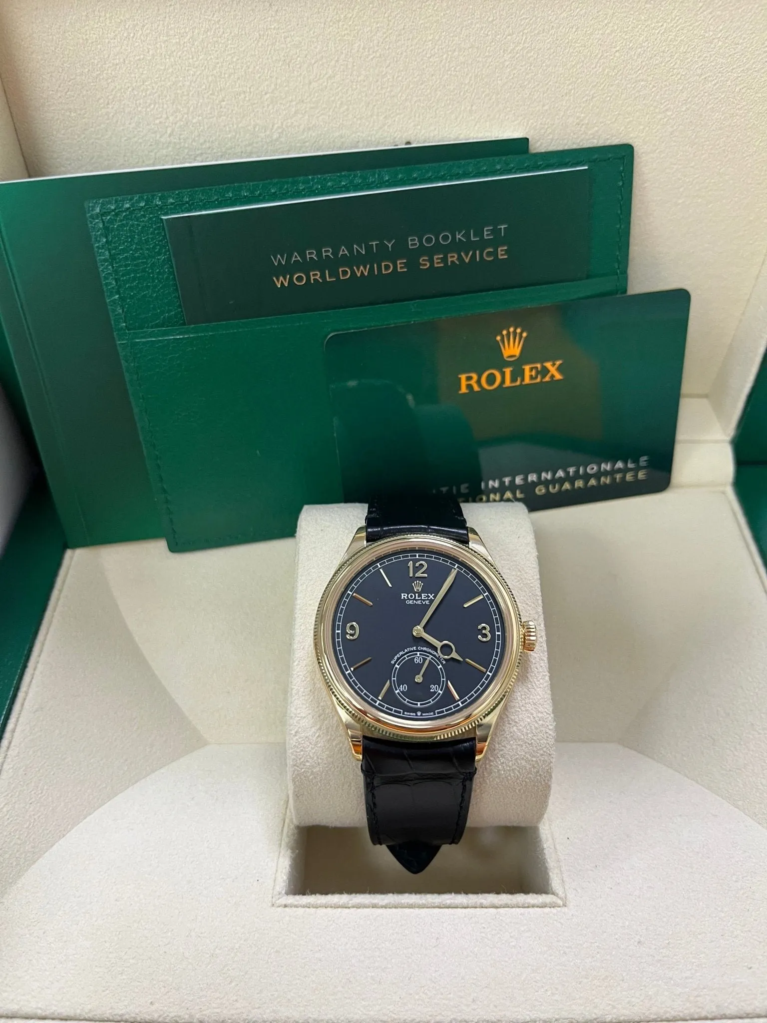 Rolex 1908 39mm Black Dial Leather Strap 52508