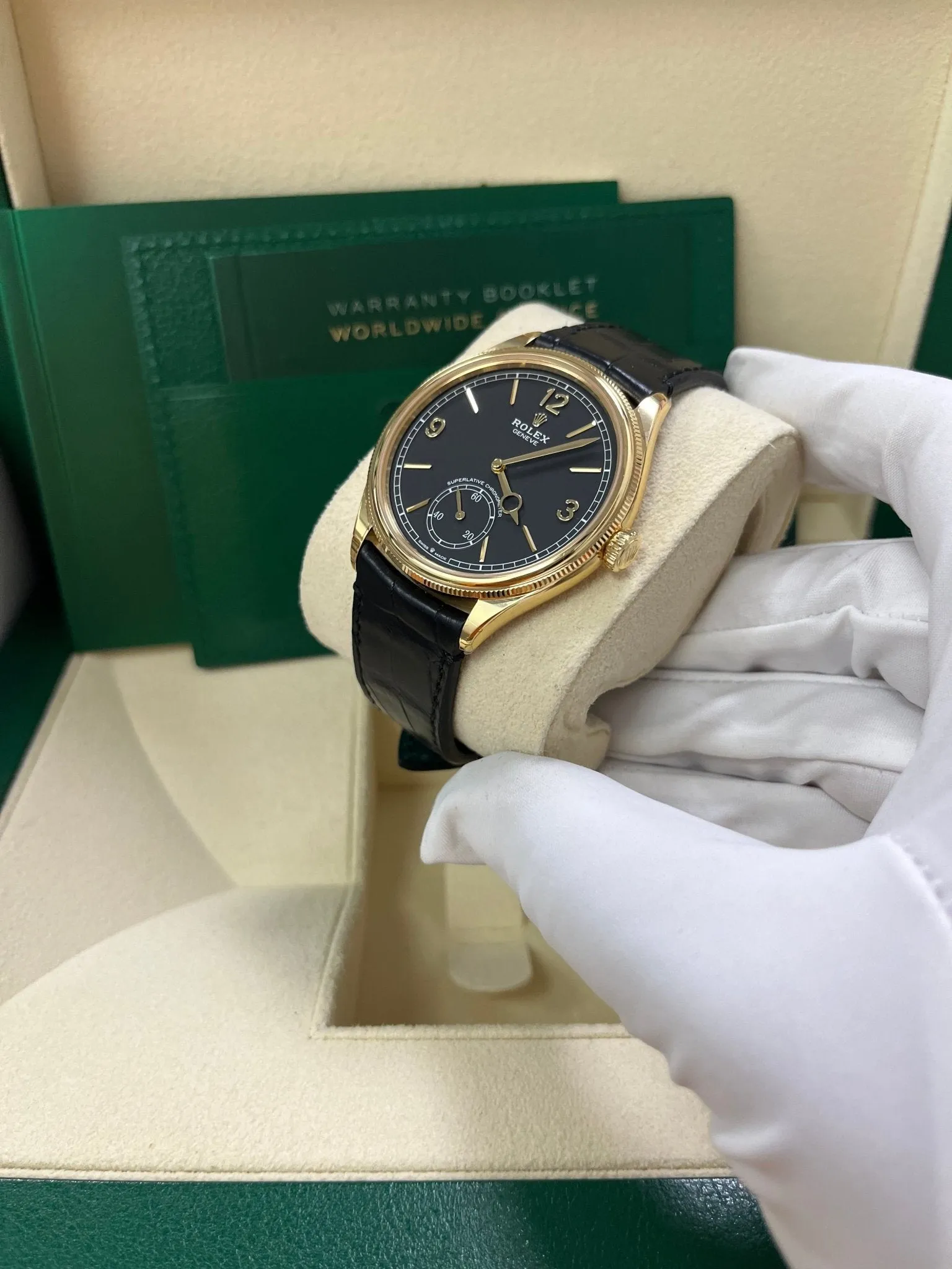 Rolex 1908 39mm Black Dial Leather Strap 52508