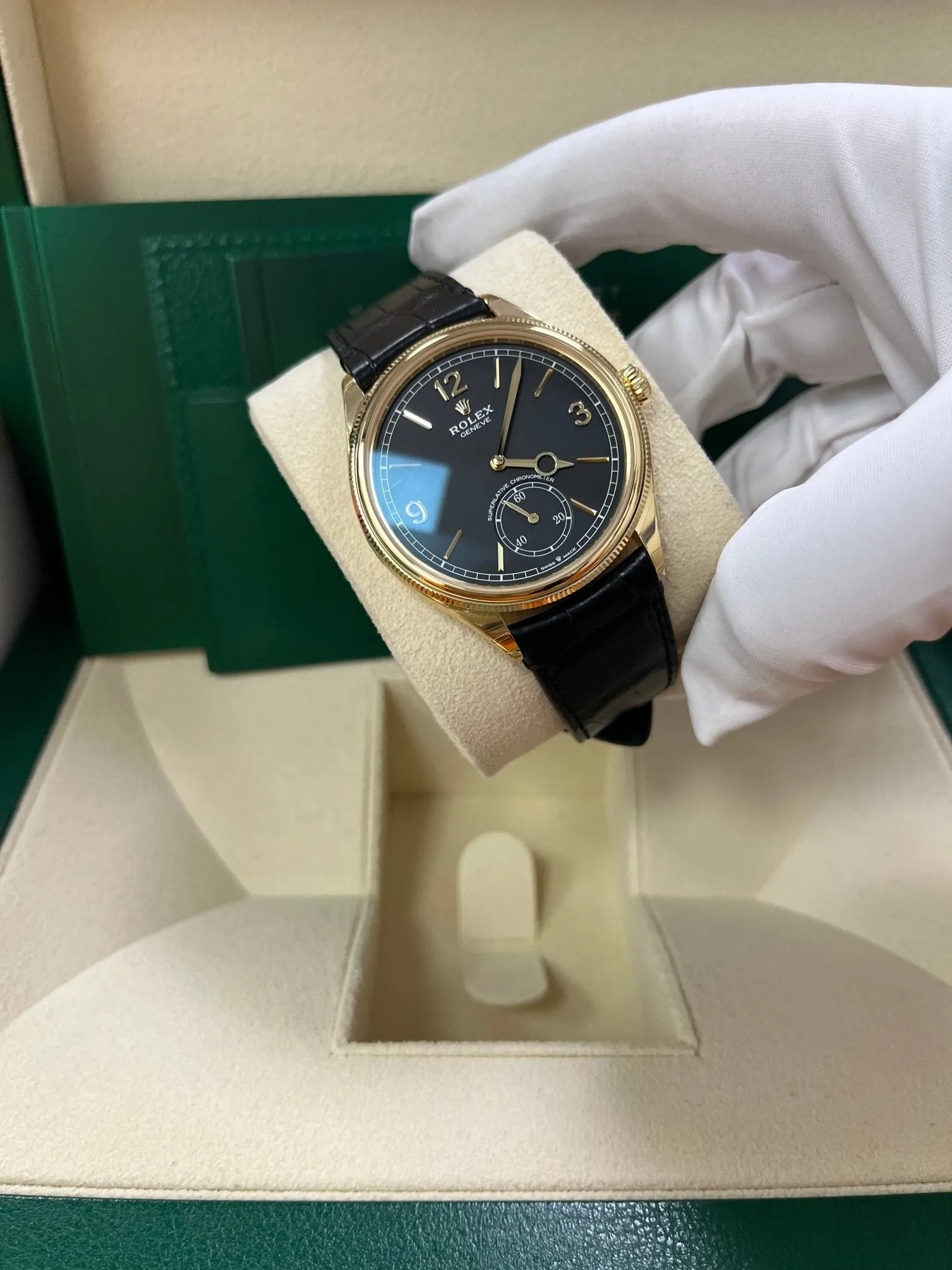 Rolex 1908 39mm Black Dial Leather Strap 52508