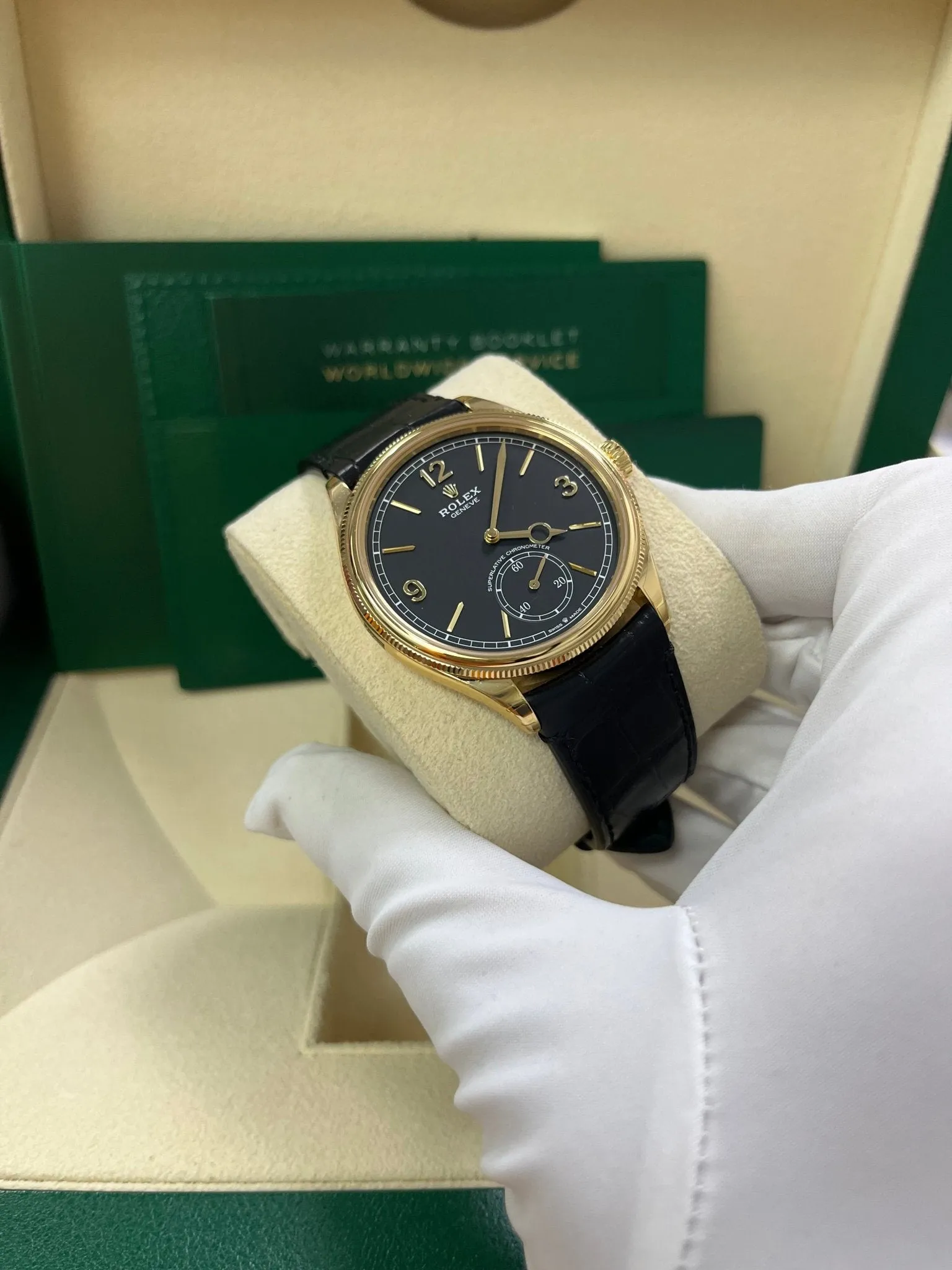 Rolex 1908 39mm Black Dial Leather Strap 52508