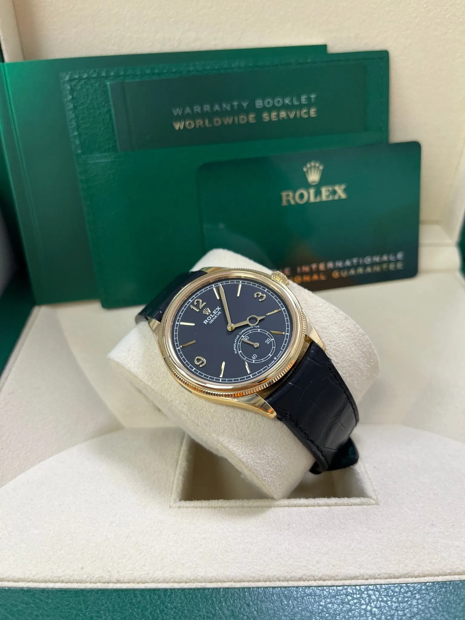 Rolex 1908 39mm Black Dial Leather Strap 52508