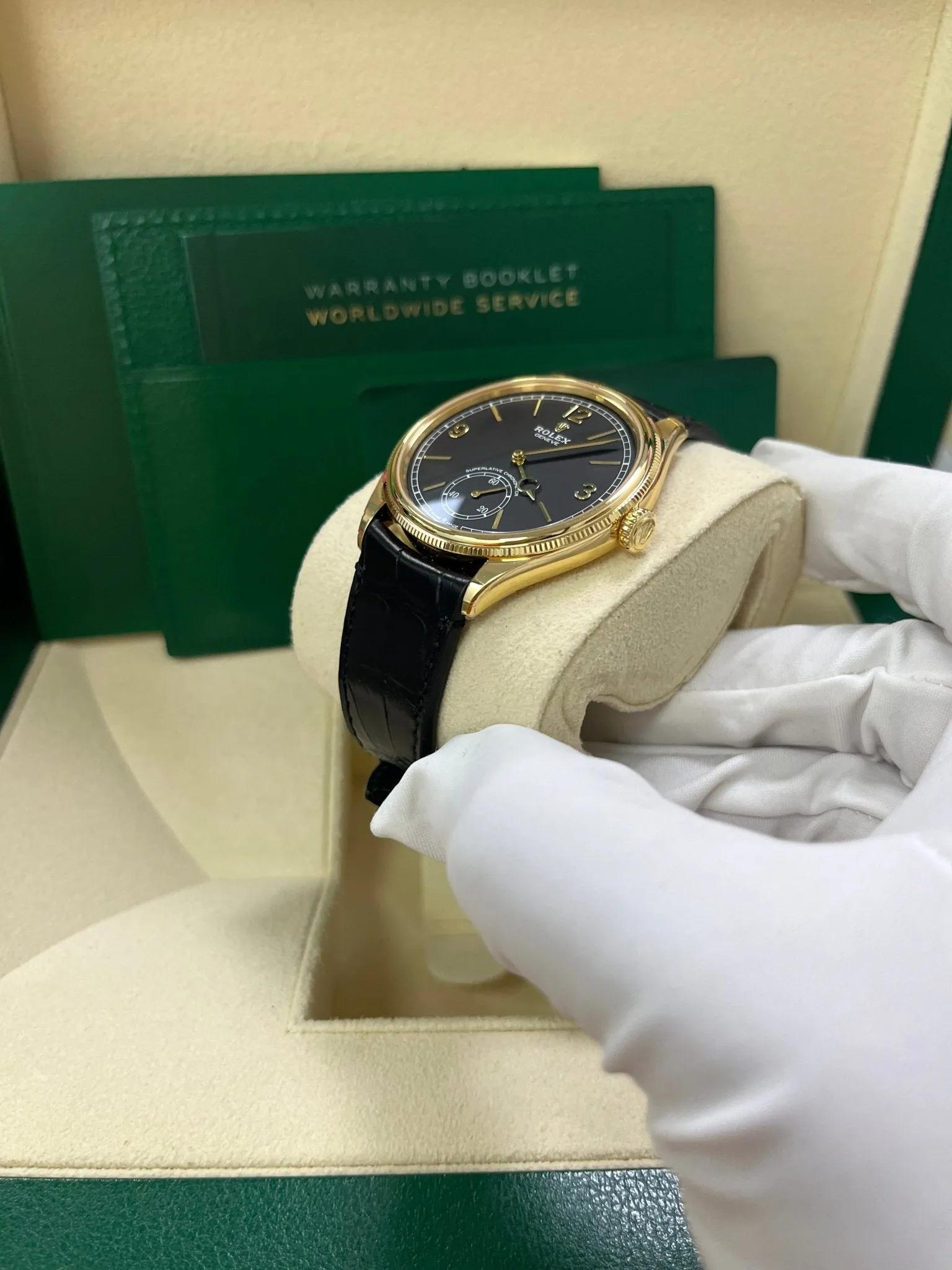 Rolex 1908 39mm Black Dial Leather Strap 52508
