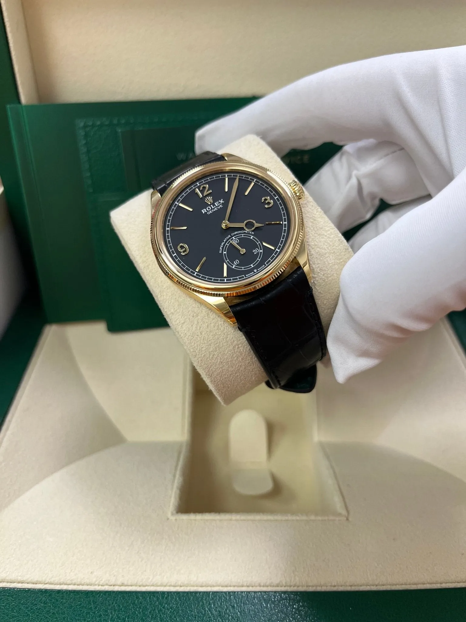 Rolex 1908 39mm Black Dial Leather Strap 52508